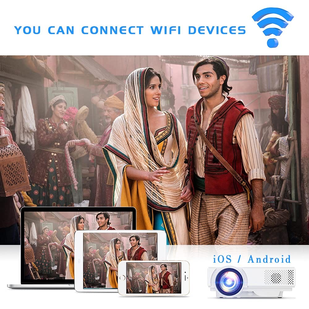 Proyector con WiFi y Bluetooth, proyector para exteriores actualizado 2024, mini proyector de películas compatible con sincronización 1080P de la pantalla del teléfono inteligente mediante cable WiFi/USB para entretenimiento en el hogar 