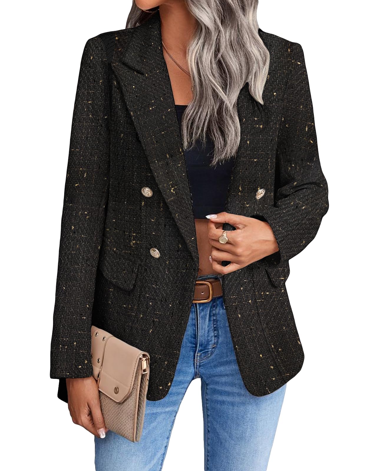 Blazer décontracté pour femme, veste à carreaux en Tweed, ouverte sur le devant, avec poche de costume, printemps 2024 (S-XXL) 