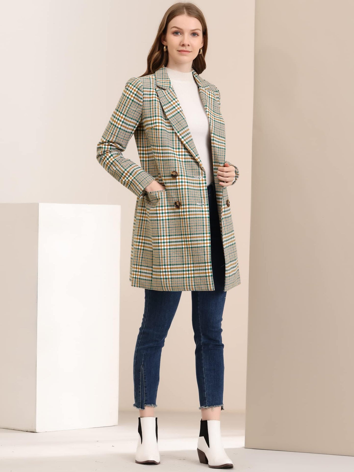 Allegra K Women's Double Breasted Notched Lapel Plaid Trench Blazer Coat