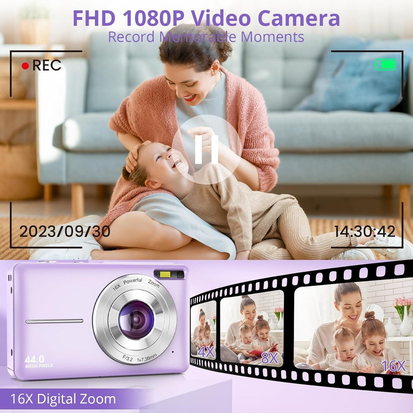 Digital Camera 2024 Newest 1080P 44MP Digital Cameras for Photography, Digital Point and Shoot Camera for Kids with 16X Zoom, Anti-Shake, Compact Small Travel Camera for Boys Girls Teens Gift Xpress