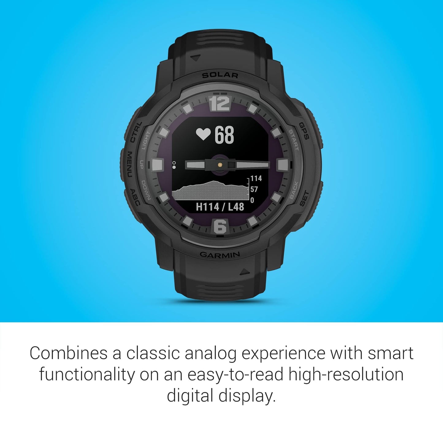 Garmin Instinct Crossover Solar, Rugged Hybrid Smartwatch with Solar Charging Capabilities, Analog Hands and Digital Display, Graphite, Adjustable