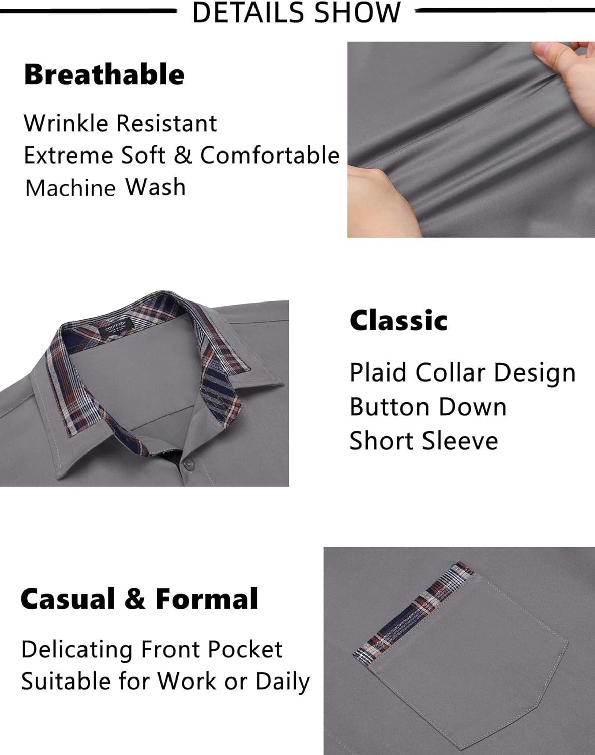 COOFANDY Mens Short Sleeve Dress Shirts Casual Wrinkle Free Shirt Plaid Collar Summer Button Down Shirts