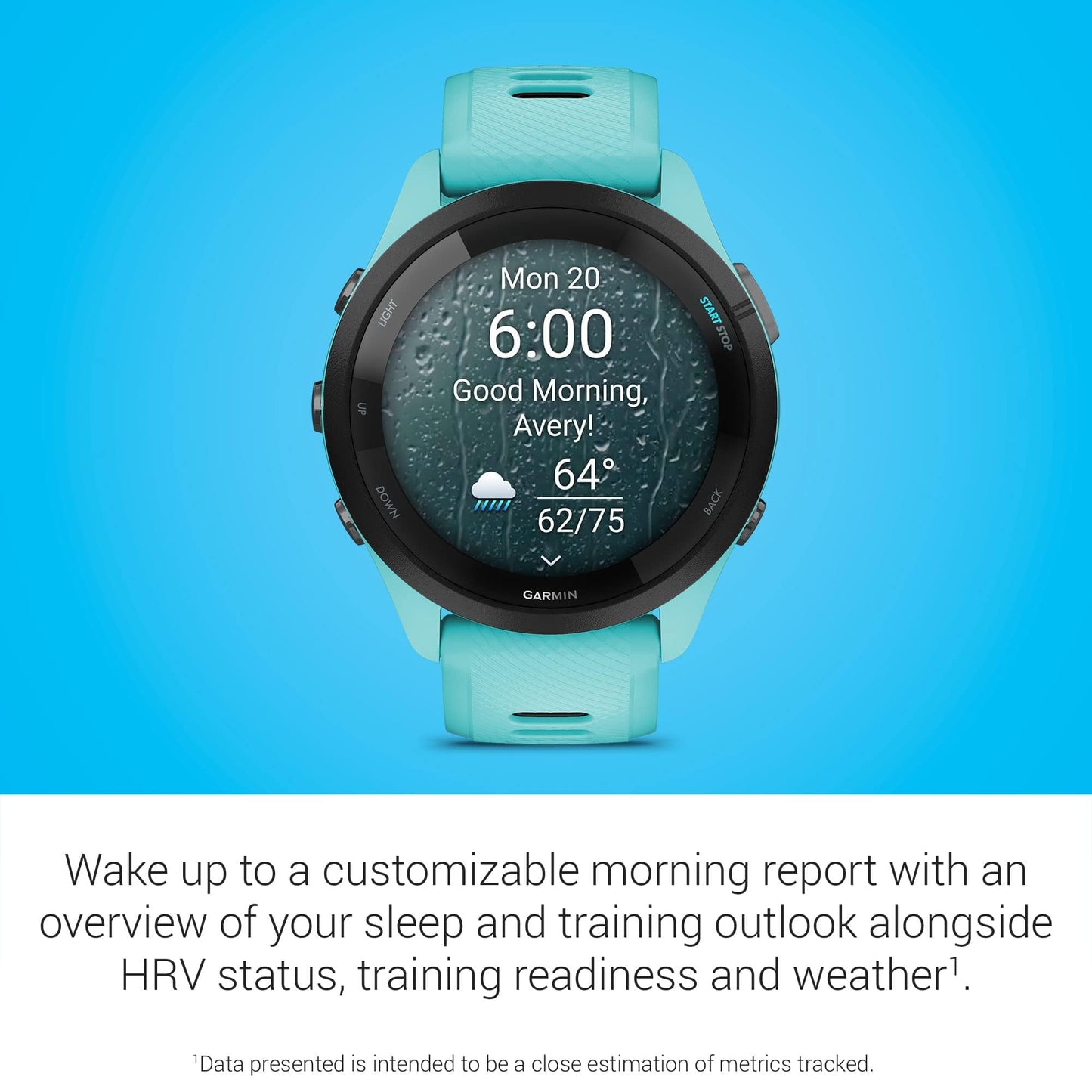 Reloj inteligente para correr Garmin Forerunner 265, pantalla AMOLED colorida, métricas de entrenamiento e información de recuperación, Whitestone y Tidal Blue 