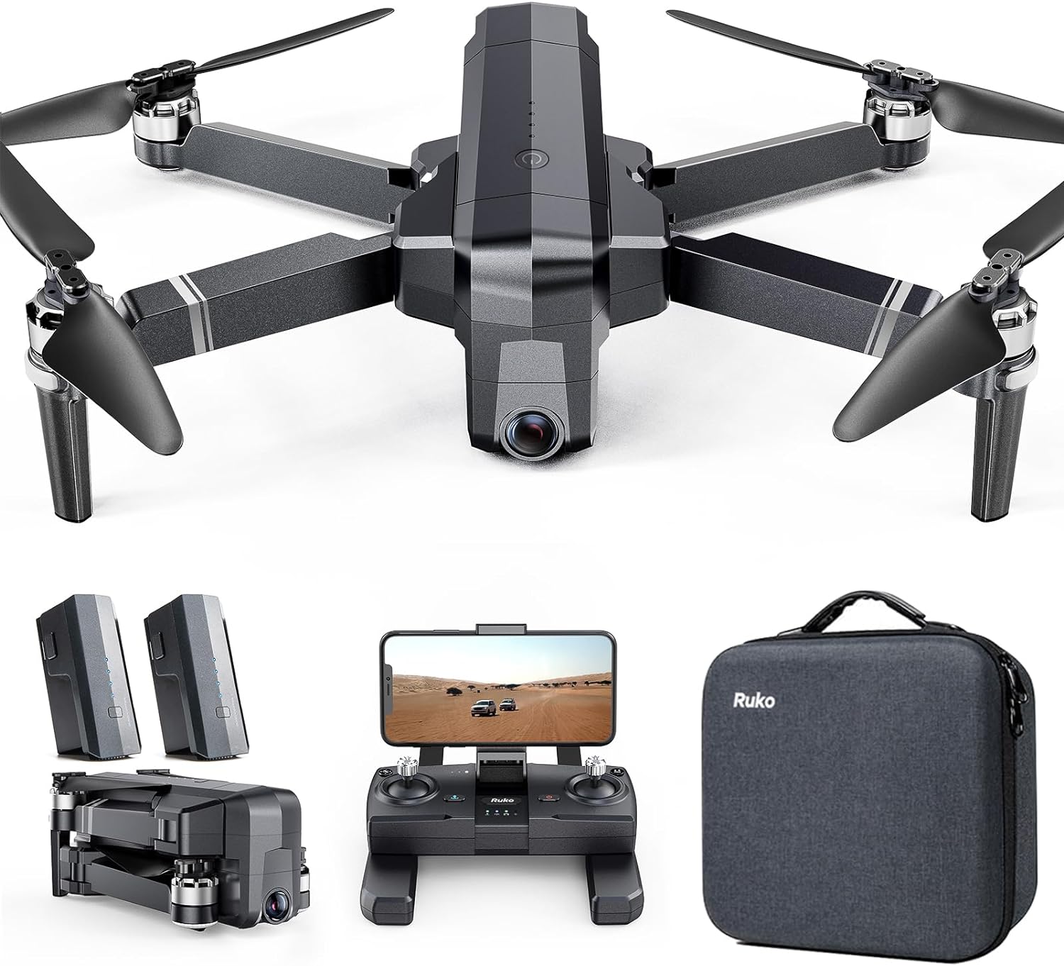 Ruko F11PRO Drones con cámara para adultos Cámara 4K UHD 60 minutos de tiempo de vuelo con GPS Retorno automático a casa Motor sin escobillas, Cumplimiento con identificación remota FAA, Negro (con estuche de transporte) 