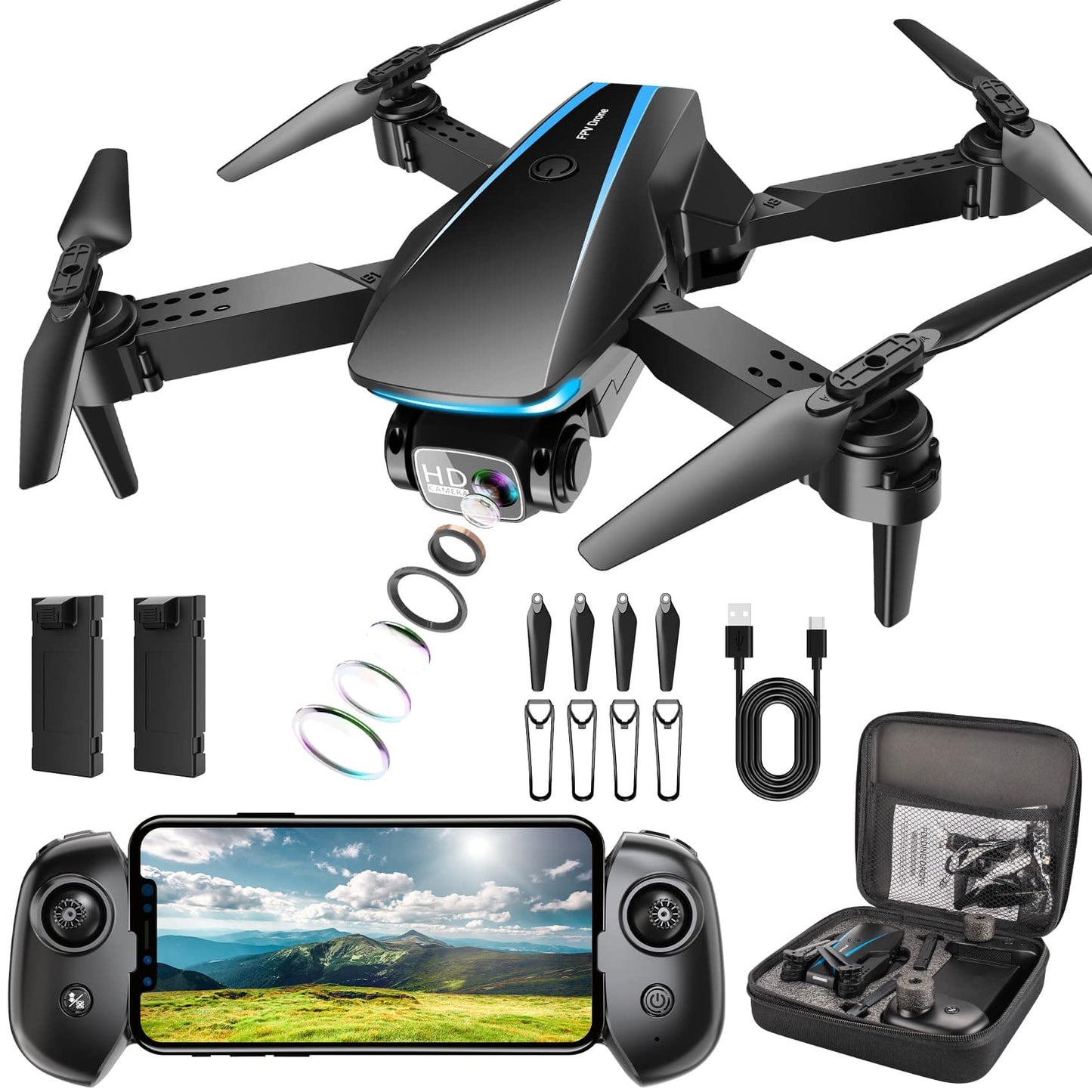 Mini Drone with Camera - 1080P HD Foldable Drone with Stable Hover, Gravity Control, Auto-Follow, Trajectory Flight, 90° Adjustable Lens, One Key Take Off, 2 Batteries, Drones for Adults Kids