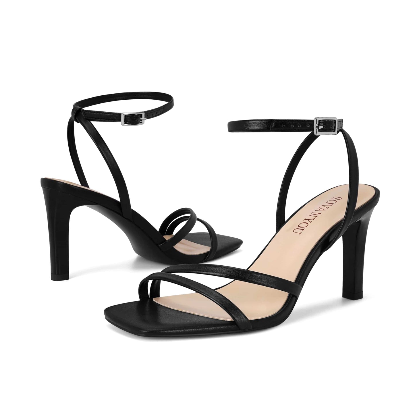 Heeled Sandals for Women Dressy Square Open Toe Strappy High Heels with Ankle Strap for Wedding Party Daily Wear