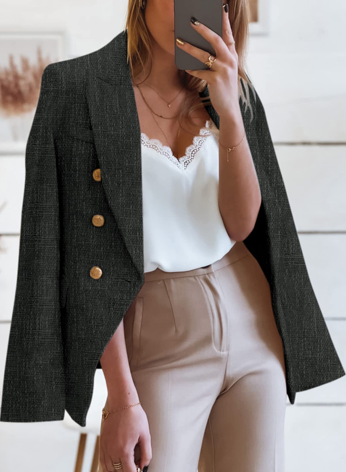 Happy Sailed Blazers de Tweed para Mujer Casual Manga Larga Doble Botonadura Frente Abierto Blazer Chaquetas Trajes de Trabajo 