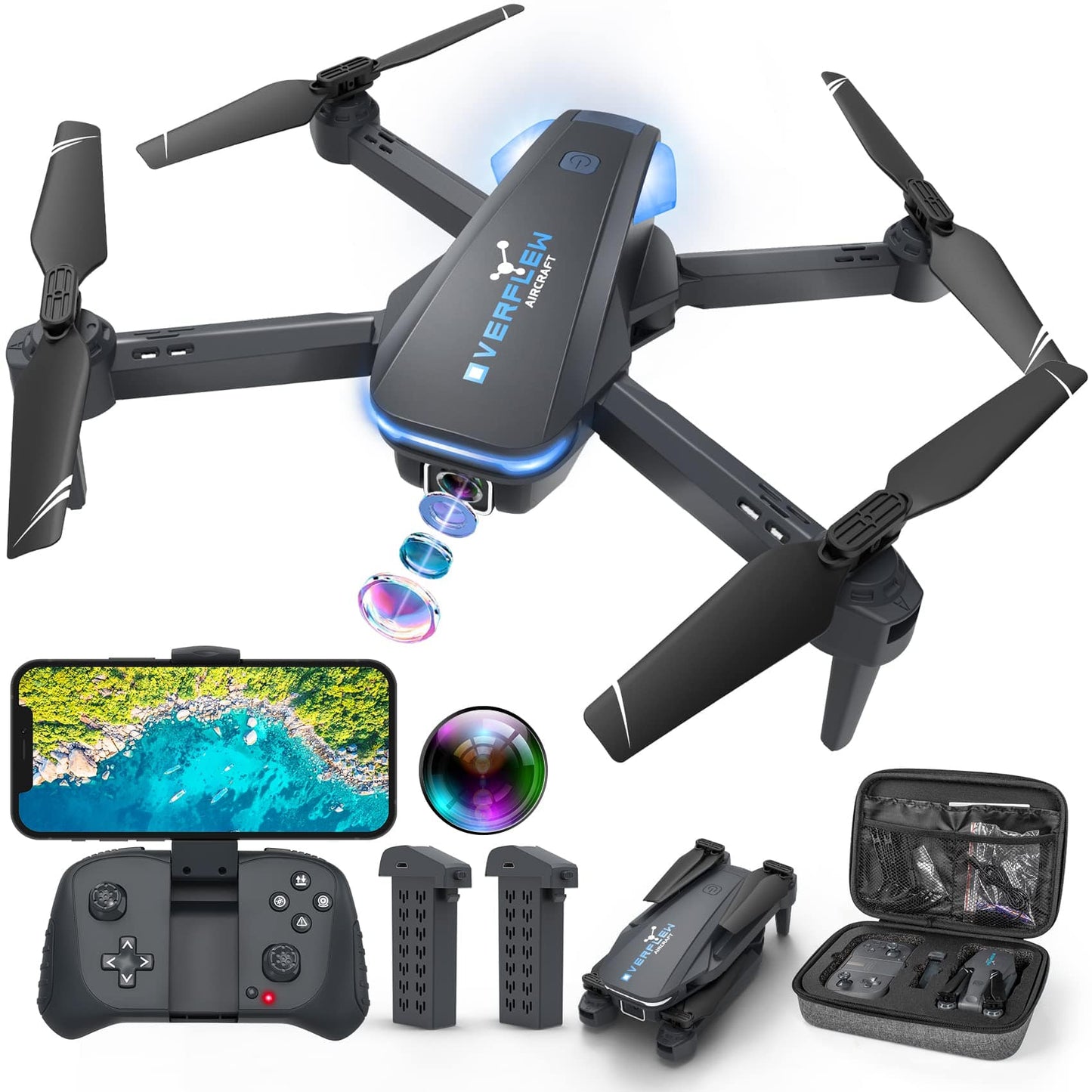 Drone con cámara 1080P para principiantes y niños, cuadricóptero de control remoto plegable con control de voz, gestos selfie, retención de altitud, inicio con una tecla, giros 3D, 2 baterías, juguetes regalos para niños niñas 