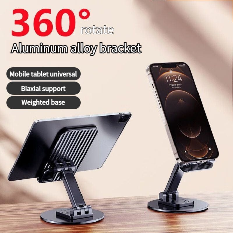 Foldable Phone Stand For Desk - Height Adjustable Cell Phone Holder Portable Cellphone Cradle Desktop Dock Metal Base 360 Degree Rotatable Compatible With Phone Tablet PC.