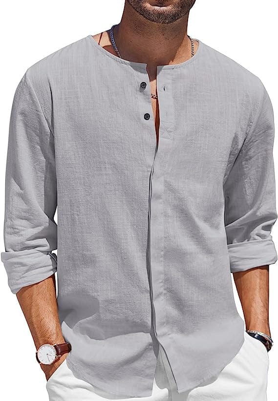 Camiseta de lino y algodón para hombre, cuello decorado con botones, camisa de playa informal