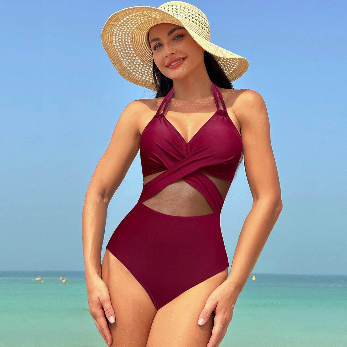 Maillot de bain une pièce à col licou, couleur unie, Design à bretelles croisées, en maille, Bikini, vêtements de plage, vacances, été