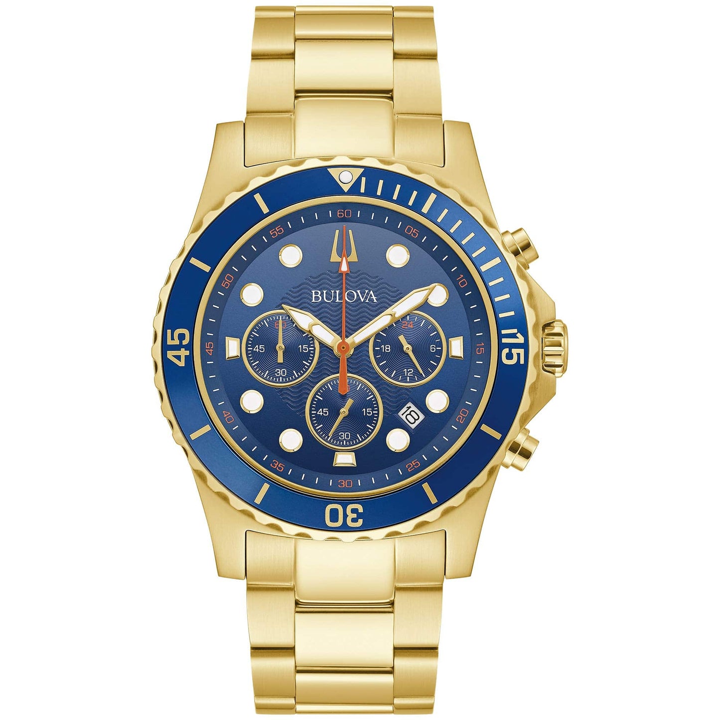 Bulova Reloj deportivo clásico de cuarzo con cronógrafo de 6 manecillas para hombre, fecha calendario, manecillas y marcadores luminosos, resistente al agua hasta 100 m, 44 mm