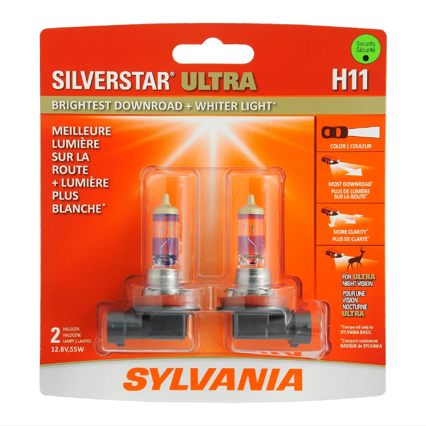 SYLVANIA - H11 SilverStar Ultra - Bombilla halógena para faros delanteros de alto rendimiento, blanca, paquete de 2 