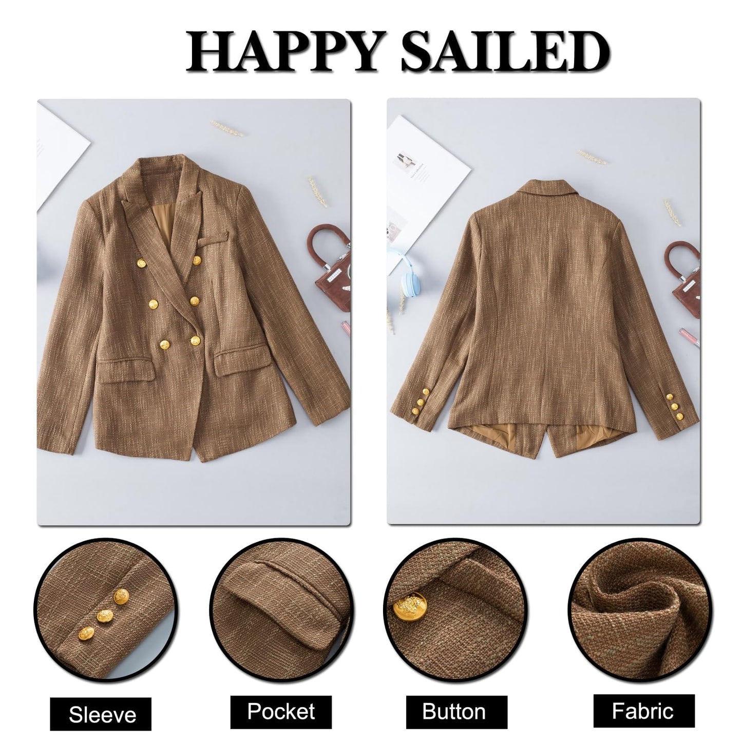 Happy Sailed Blazer décontracté à manches longues en tweed pour femme, croisé, ouvert sur le devant, costumes de travail 