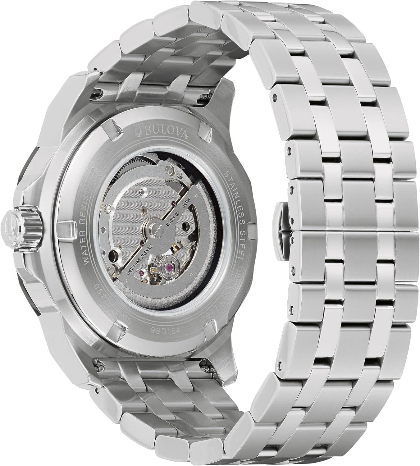 Bulova Marc Anthony Montre automatique Marine Star pour homme en acier inoxydable, ouverture ouverte, fond du boîtier d'exposition, cadran bleu soleillé avec accents de diamants (modèle : 98D184) 