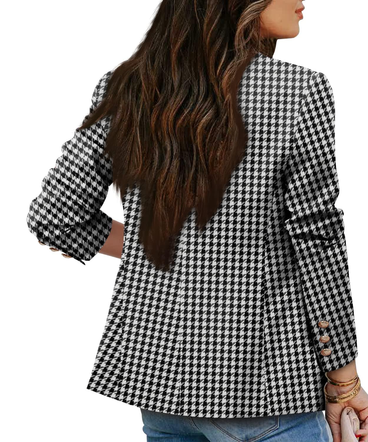 CRAZY GRID Veste blazer décontractée pour femme - Bouton doré - Manches longues - Bureau de travail - Revers ouvert sur le devant