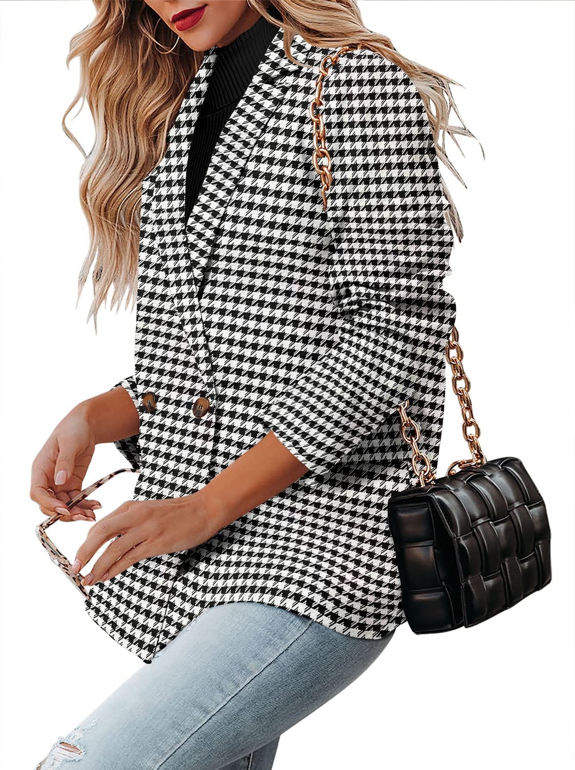 CRAZY GRID Chaqueta casual para mujer, de manga larga, con frente abierto, para trabajo, oficina, chaqueta con botones de solapa