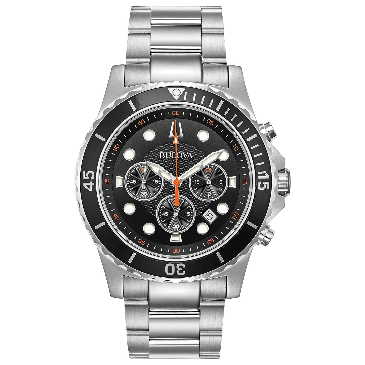 Bulova Montre à quartz chronographe classique sport à 6 aiguilles pour homme, date du calendrier, aiguilles et marqueurs lumineux, résistant à l'eau 100 m, 44 mm