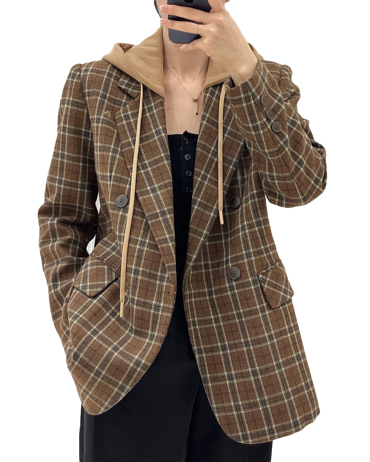 Mina Self Oversize Blazer Jacket for Women Hooded 2024 New Four Seasons Plus Size Casual Open Front Work Office Suit (XS-XXL)