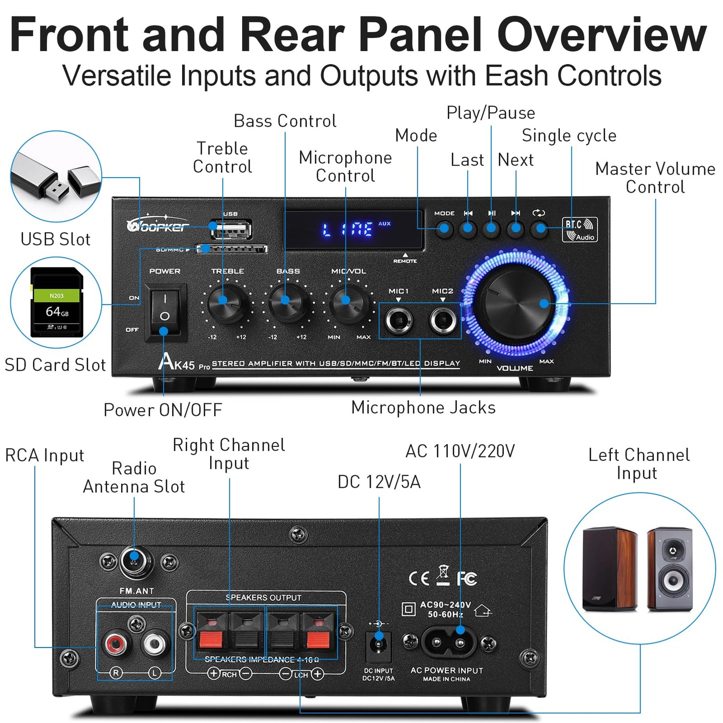 AK45 Pro Audio Amplifier Bluetooth 5.0 HiFi Stereo Amplifier Max 410W 2.0 Channel Audio Power Amplifier Mini AMP Receiver 12V/5A Power Supply with USB, SD, RCA, LED for Karaoke