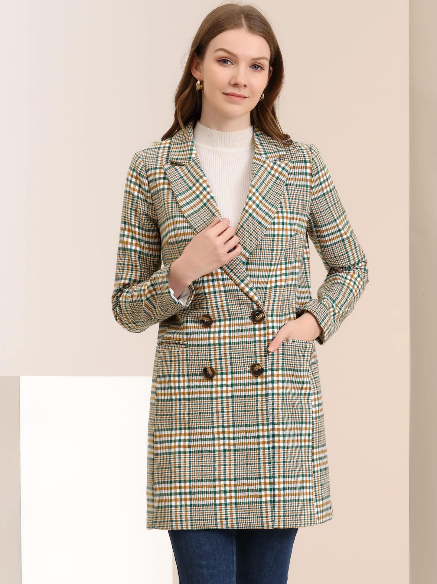 Allegra K Women's Double Breasted Notched Lapel Plaid Trench Blazer Coat