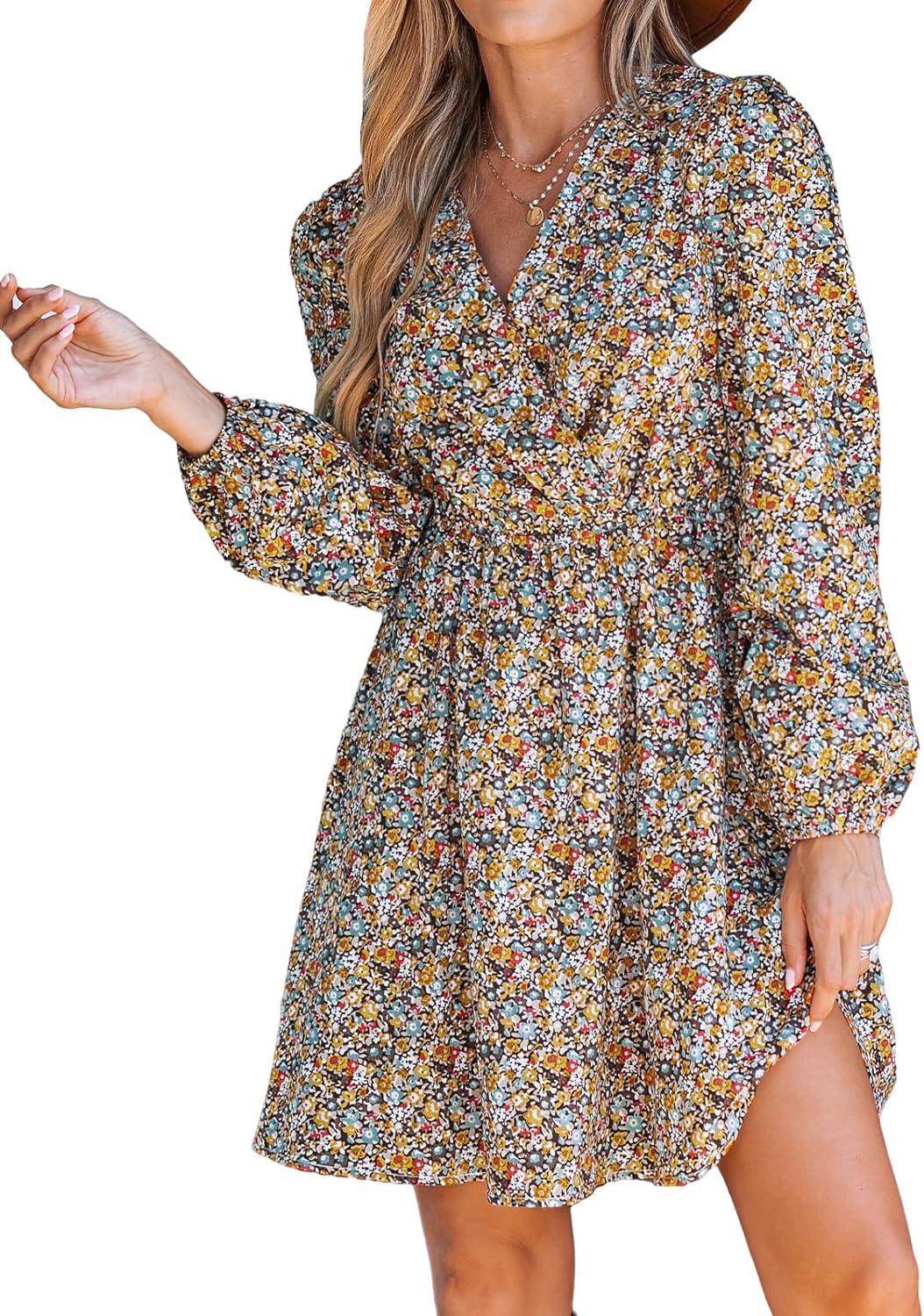 CUPSHE Womens V Neck Floral Mini Dress Long Sleeve A Line Surplice Xpress