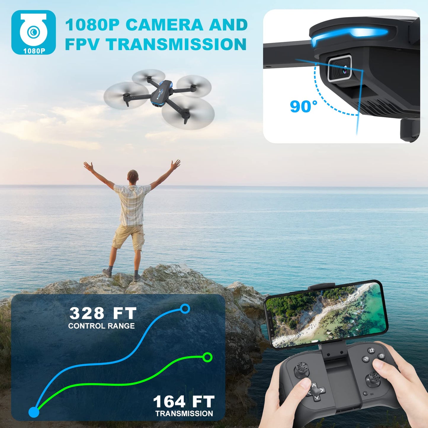 Drone con cámara 1080P para principiantes y niños, cuadricóptero de control remoto plegable con control de voz, gestos selfie, retención de altitud, inicio con una tecla, giros 3D, 2 baterías, juguetes regalos para niños niñas 