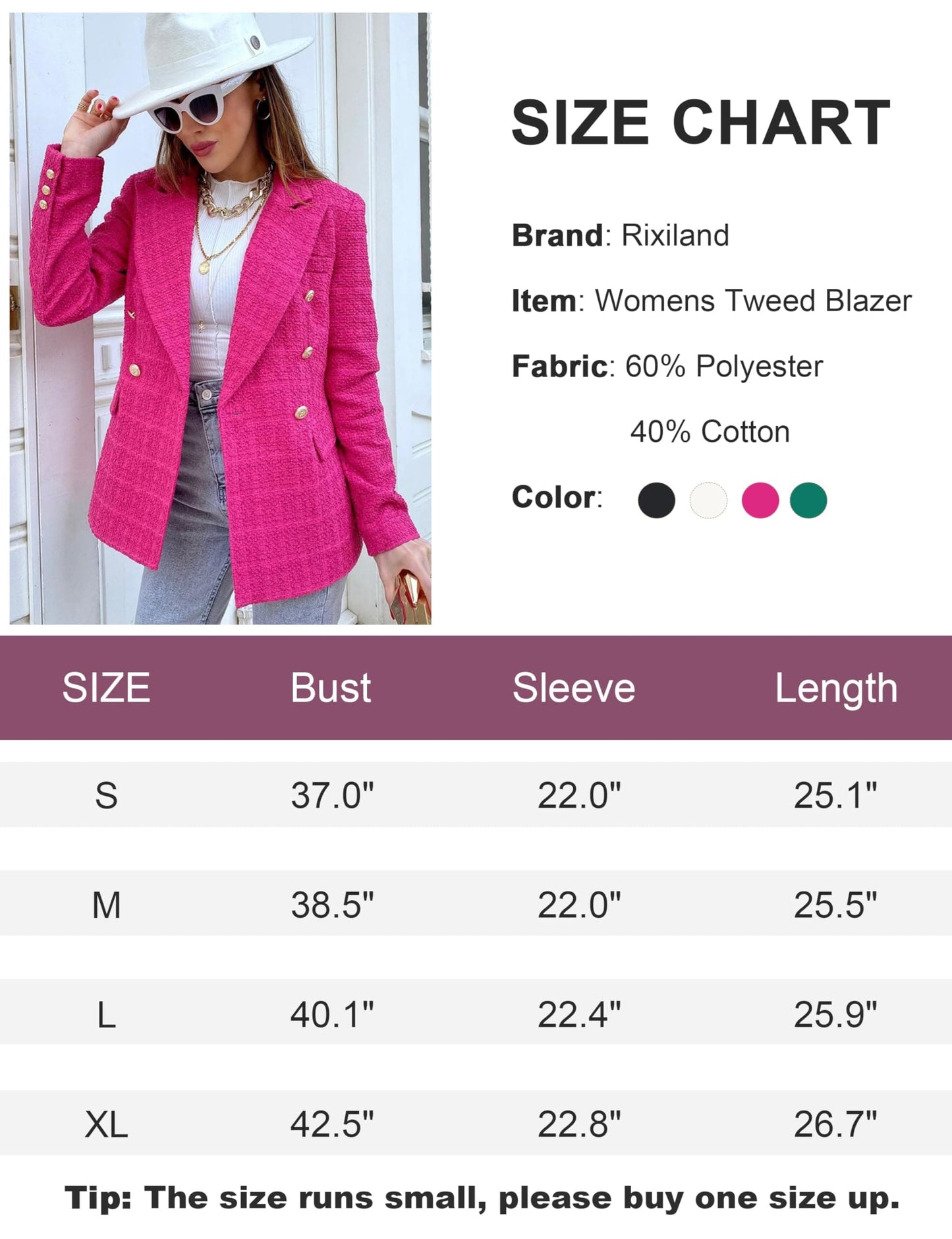 Rixiland Tweed Blazers Jackets for Women Double Breasted Lapel Long Sleeve Office Casual Blazer