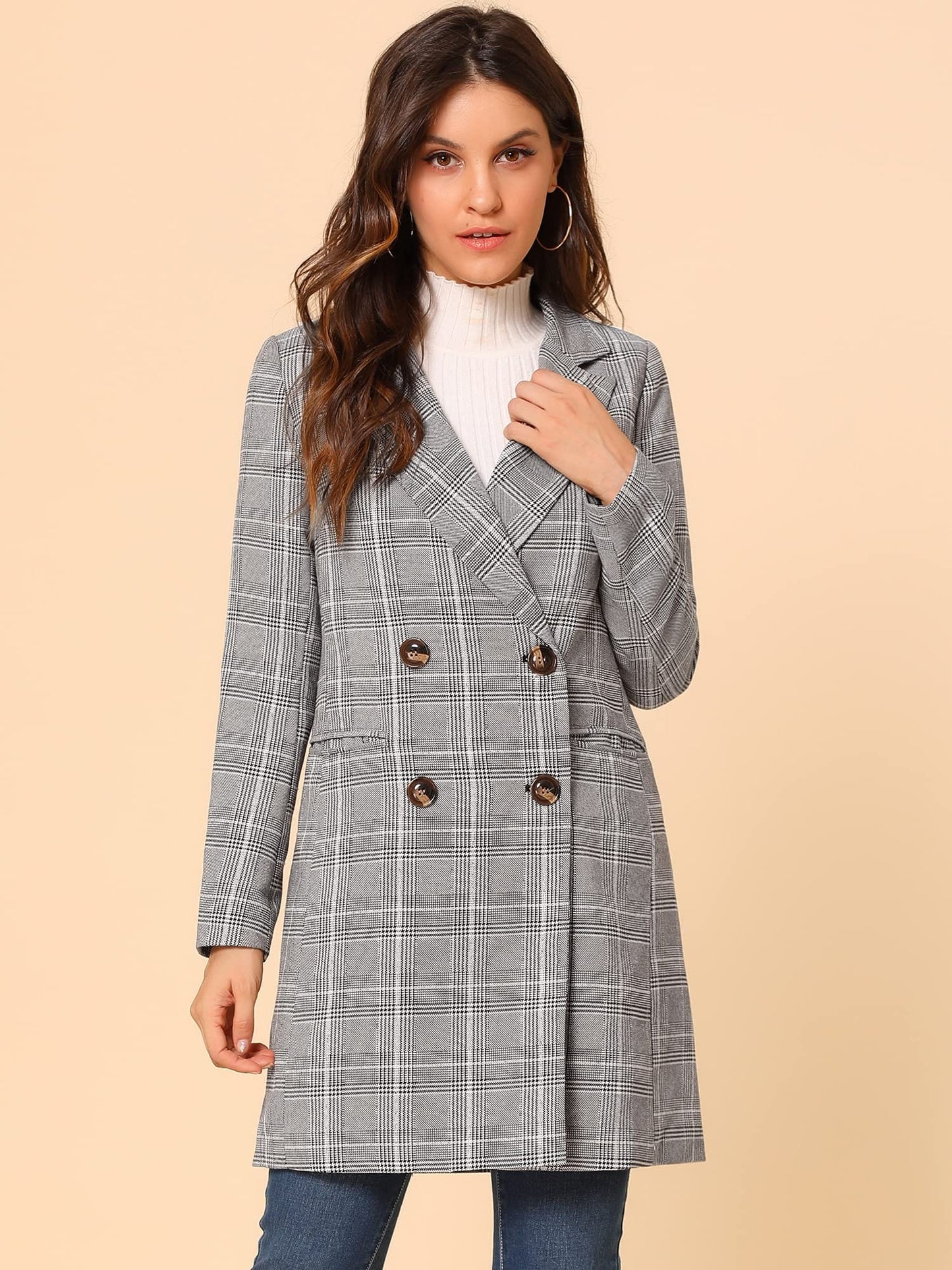 Allegra K Women's Double Breasted Notched Lapel Plaid Trench Blazer Coat