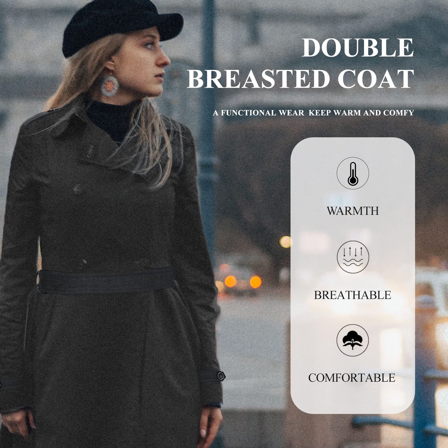 GGleaf Women's Classic Double Breasted Pea Coat Winter Mid-Long Slim Trench Coat with Belt