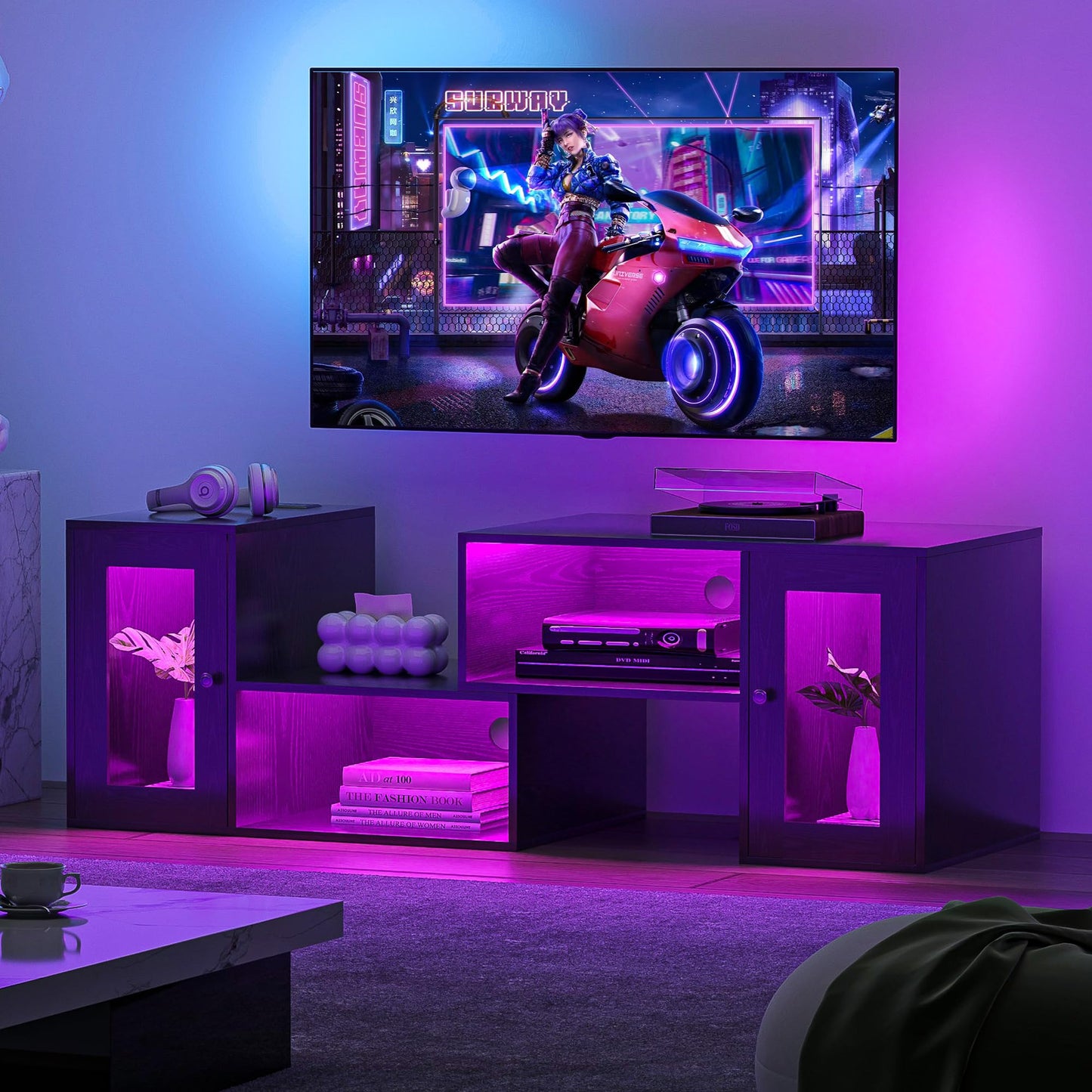 VECELO Meuble TV LED pour téléviseurs jusqu'à 70 pouces Centre de divertissement moderne avec console multimédia de stockage avec 23 options de clignotement et 4 modes personnalisables pour salon, chambre à coucher, noir brillant 