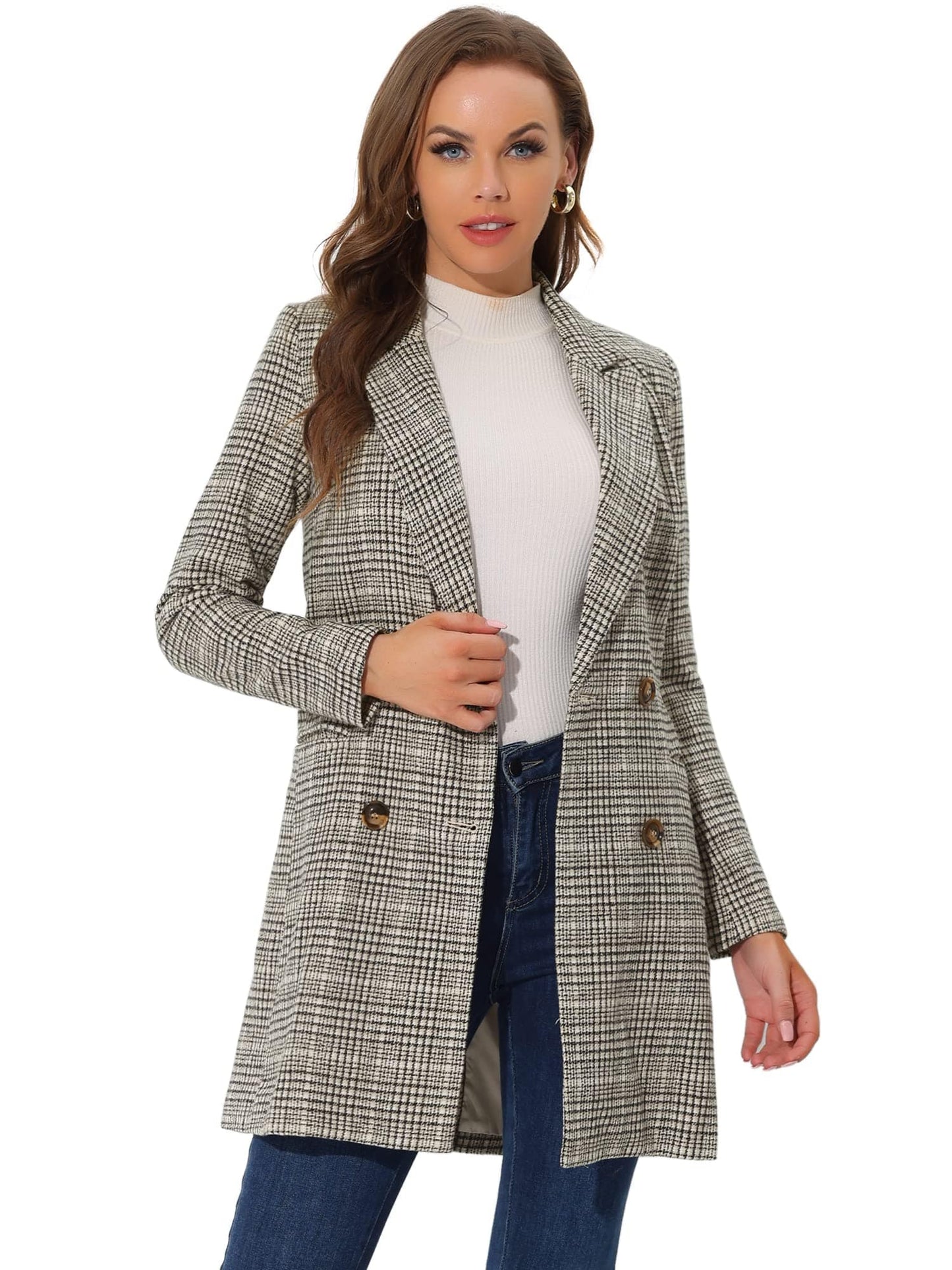 Allegra K Women's Double Breasted Notched Lapel Plaid Trench Blazer Coat