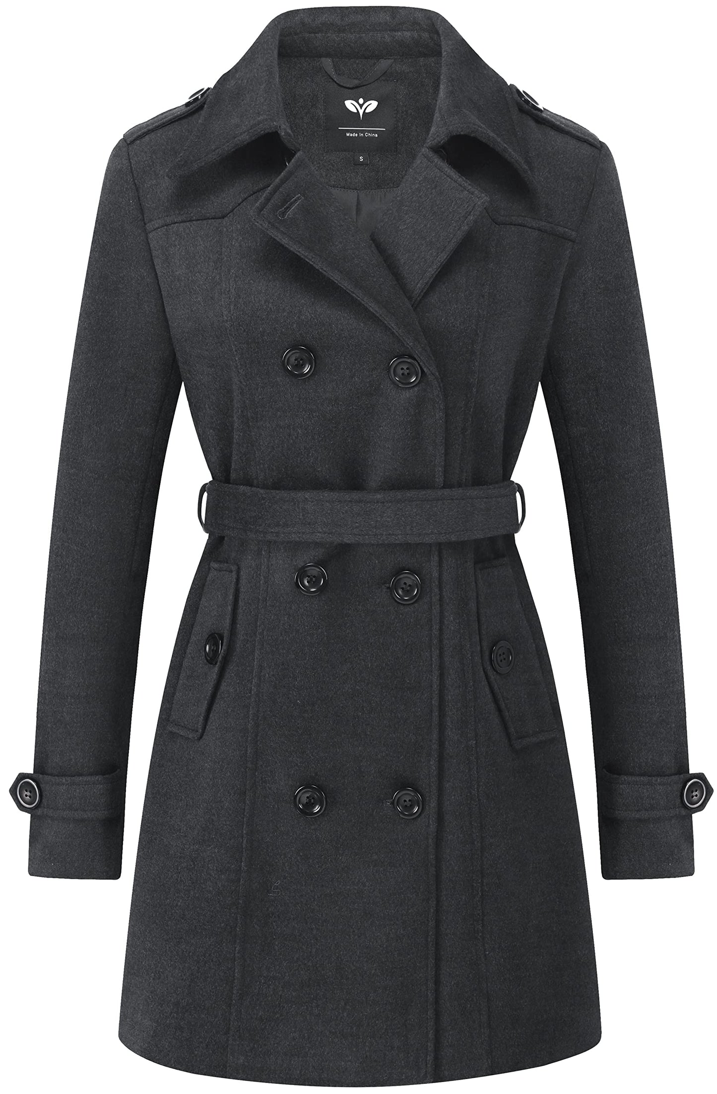 GGleaf Women's Classic Double Breasted Pea Coat Winter Mid-Long Slim Trench Coat with Belt