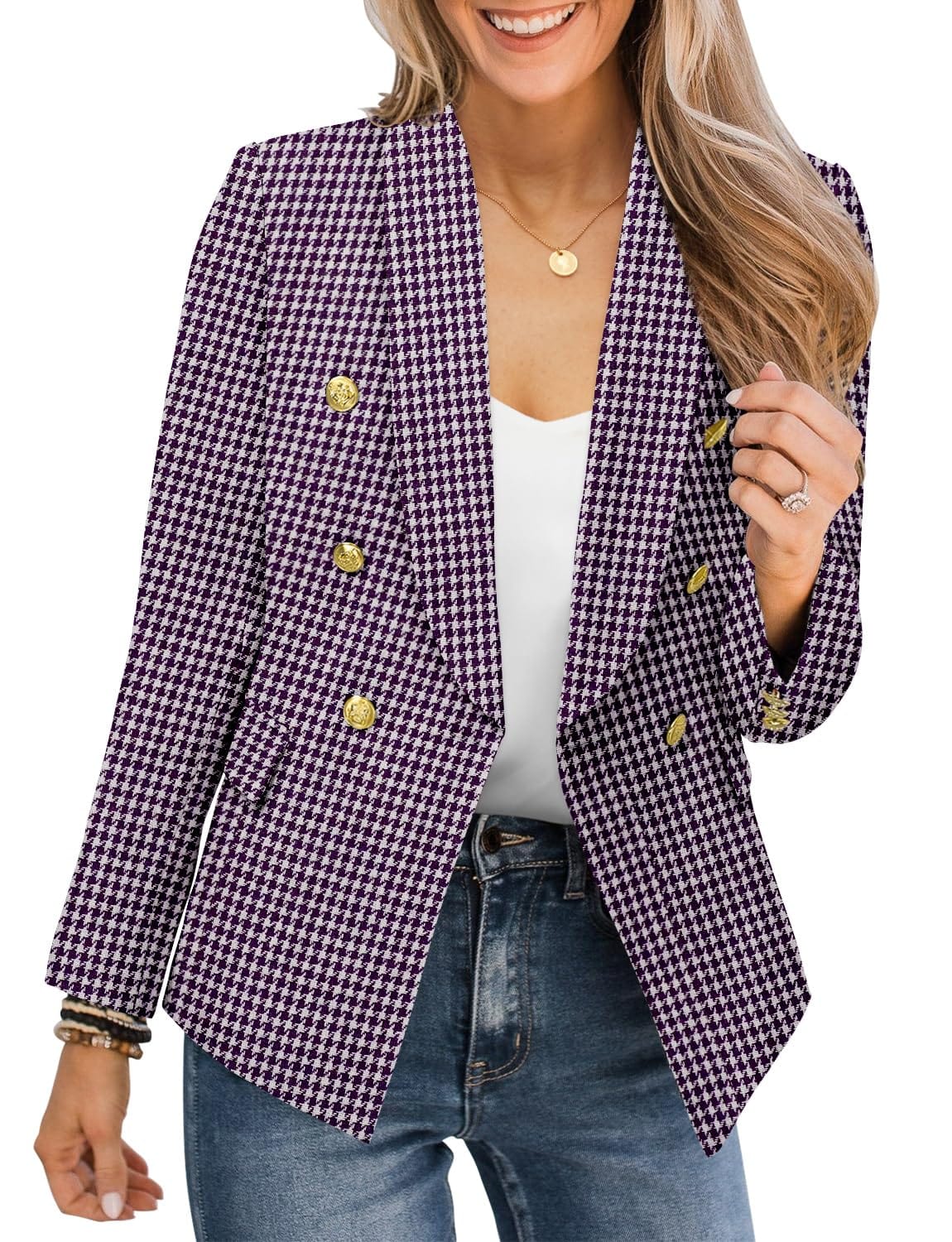 CRAZY GRID Womens Casual Blazer Jacket Gold Button Long Sleeve Work 0ffice Blazer Lapel Open Front Jacket