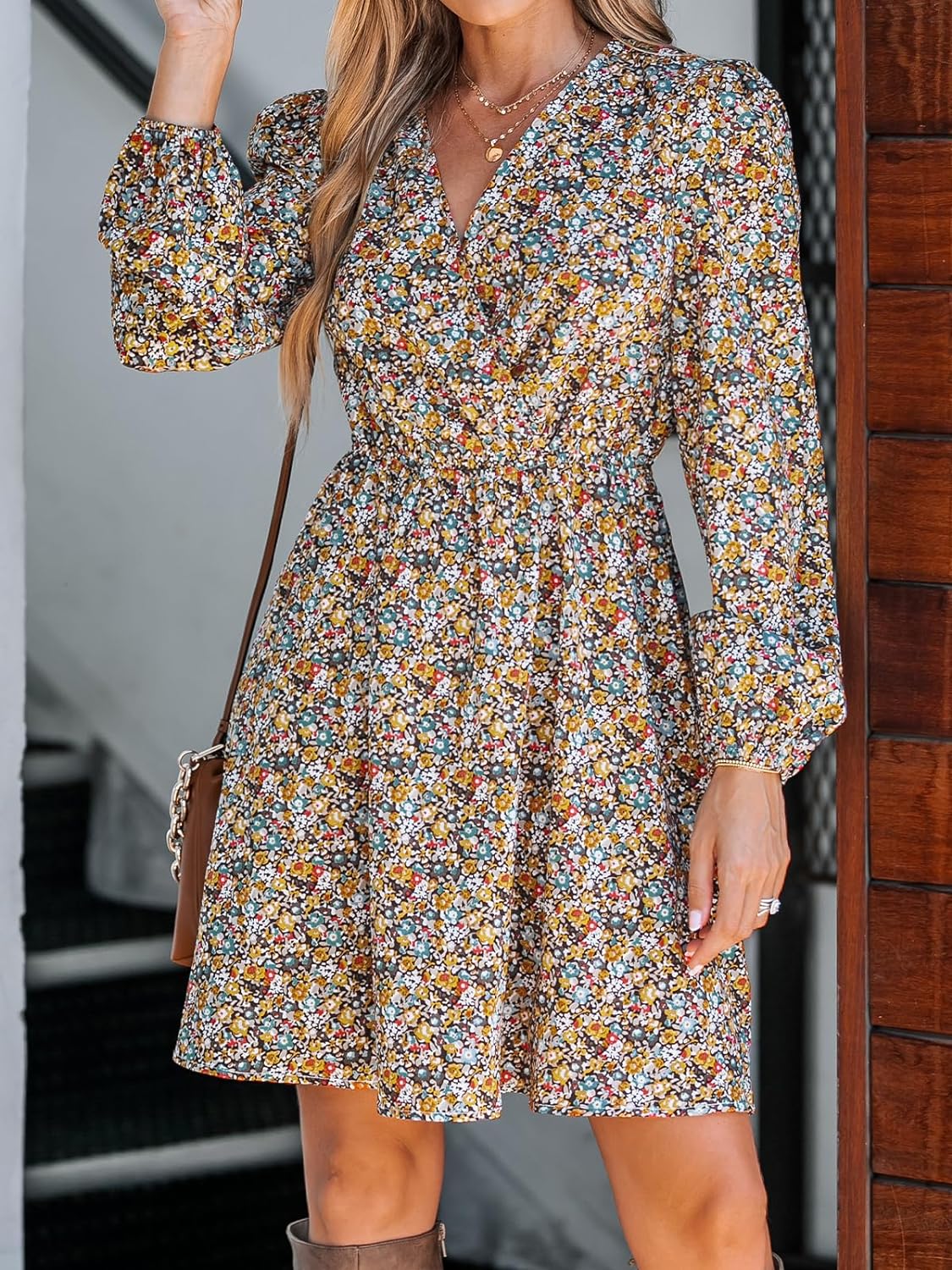 CUPSHE Womens V Neck Floral Mini Dress Long Sleeve A Line Surplice Xpress