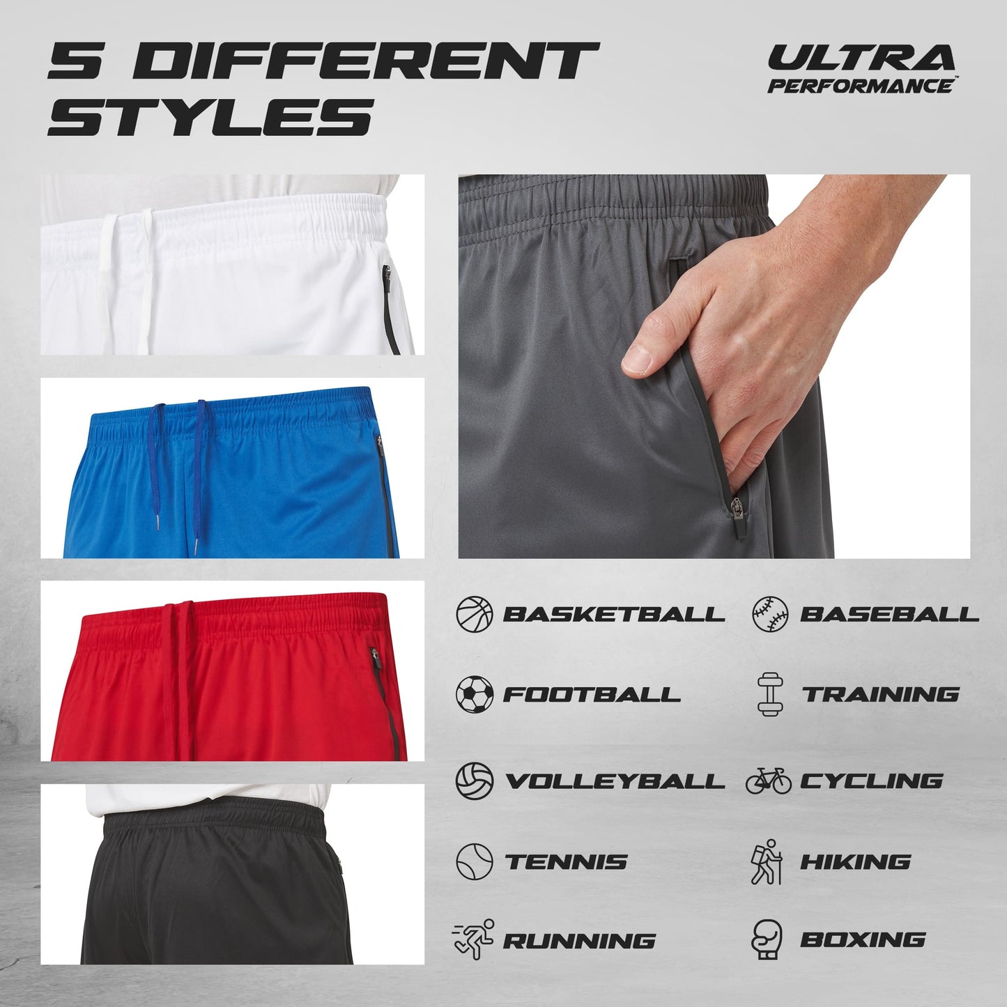 Ultra Performance Mens 5 Pack Athletic Running Shorts, Basketball Gym Workout Shorts for Men with Zippered Pockets