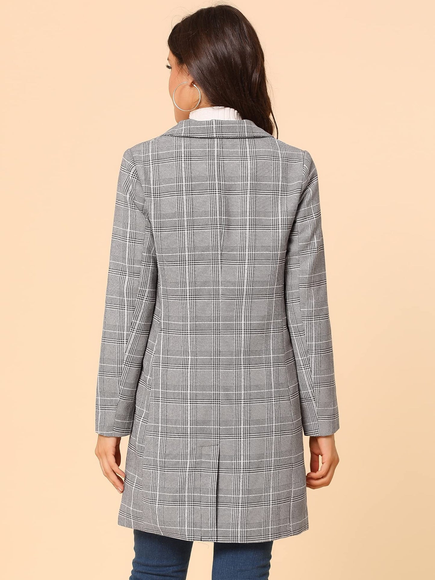 Allegra K Women's Double Breasted Notched Lapel Plaid Trench Blazer Coat