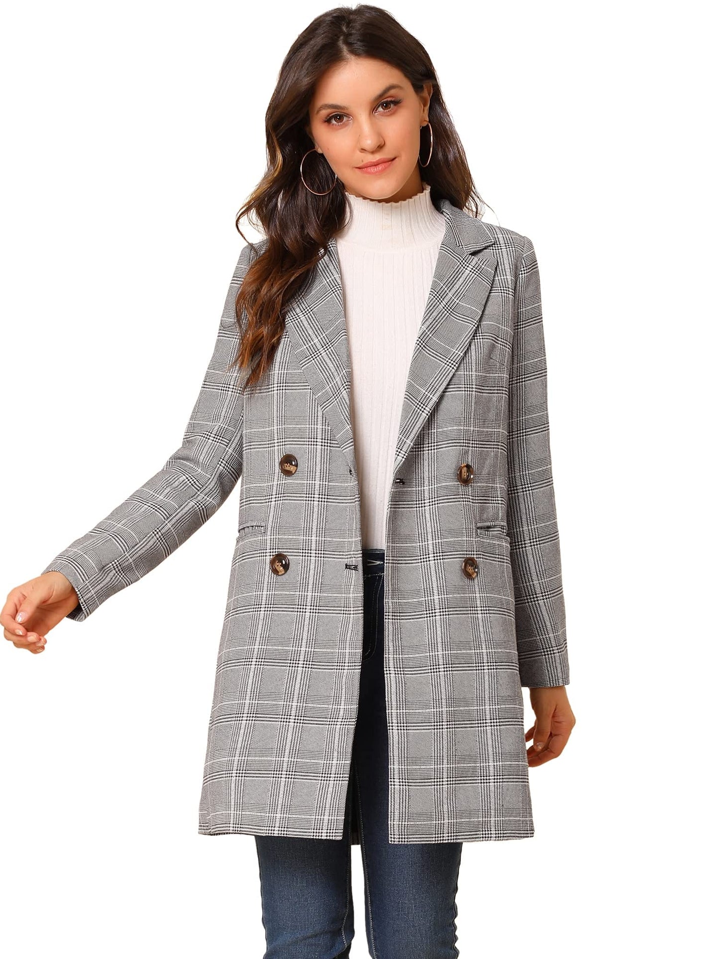 Allegra K Women's Double Breasted Notched Lapel Plaid Trench Blazer Coat