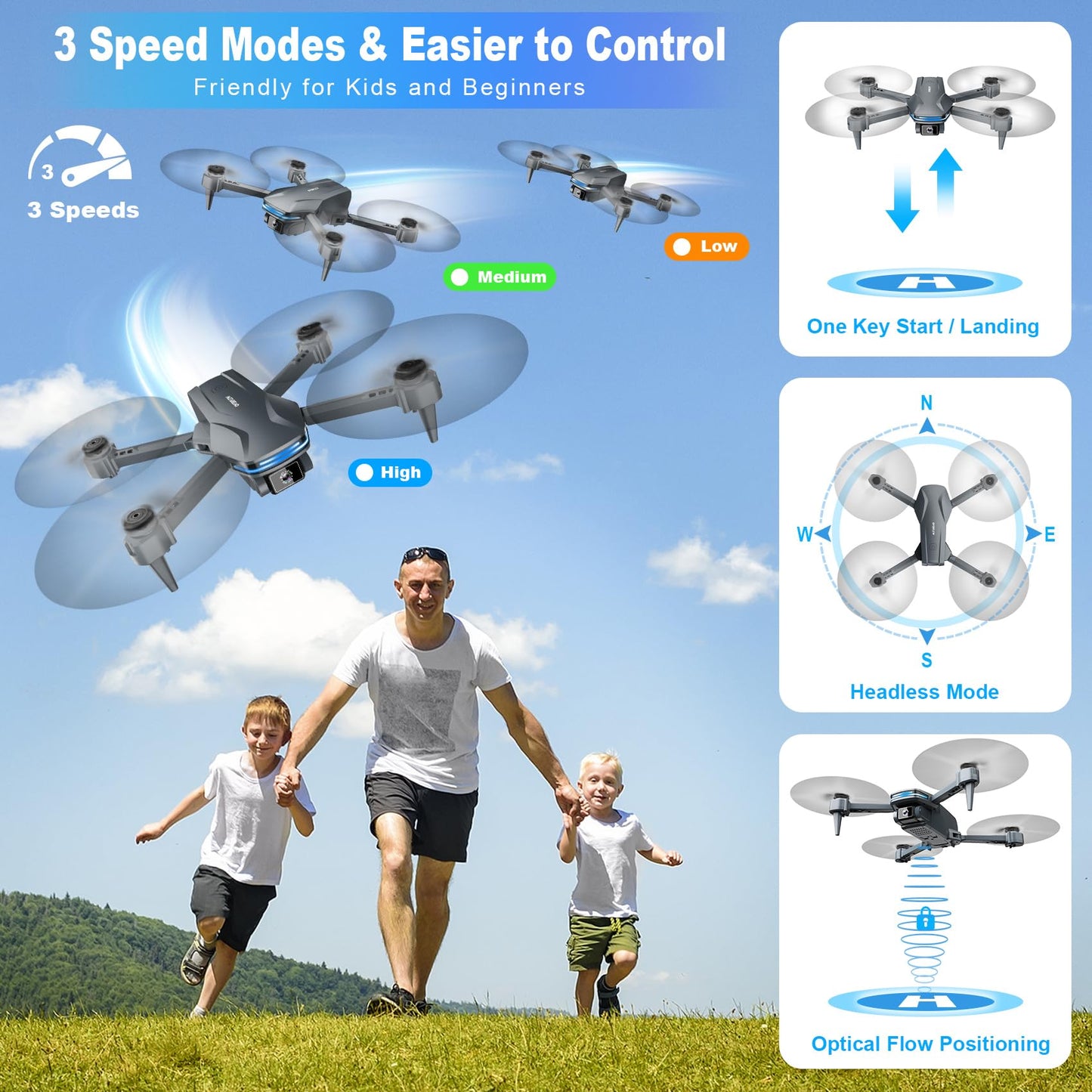 Drone con cámara 1080P HD FPV Drone plegable para principiantes y niños, Quadcopter con control de gestos de voz con estuche de transporte, despegue/aterrizaje con una tecla, posicionamiento de flujo óptico, giro de 360°, vuelo Waypoint 