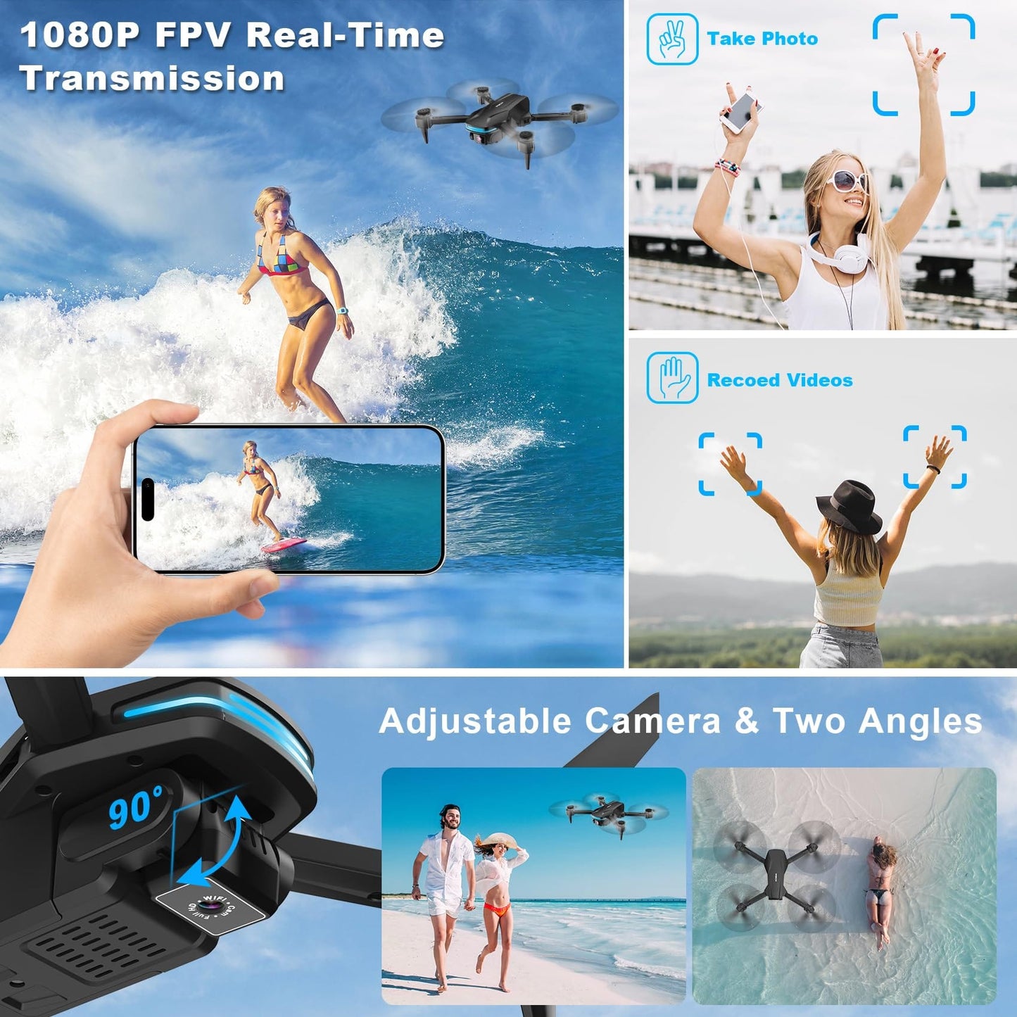 Drone avec caméra 1080P HD FPV pliable pour débutants et enfants, quadricoptère avec commande vocale et gestuelle avec étui de transport, décollage/atterrissage à une touche, positionnement du flux optique, retournement à 360°, vol Waypoint 