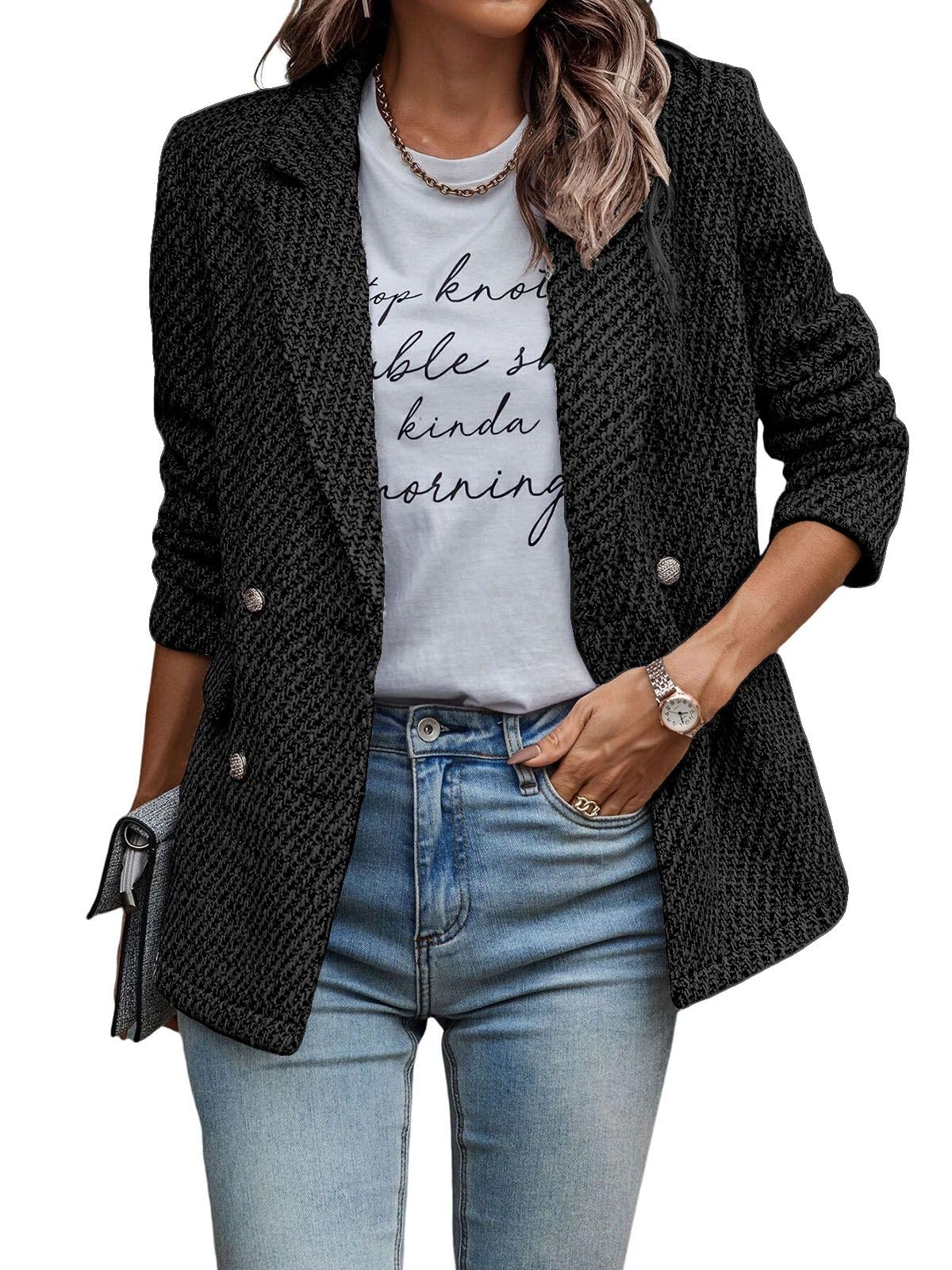 Tweed Jacket Women Long Sleeve Open Front Double Breasted Casual Work Office Blazer Jackets with Pockets