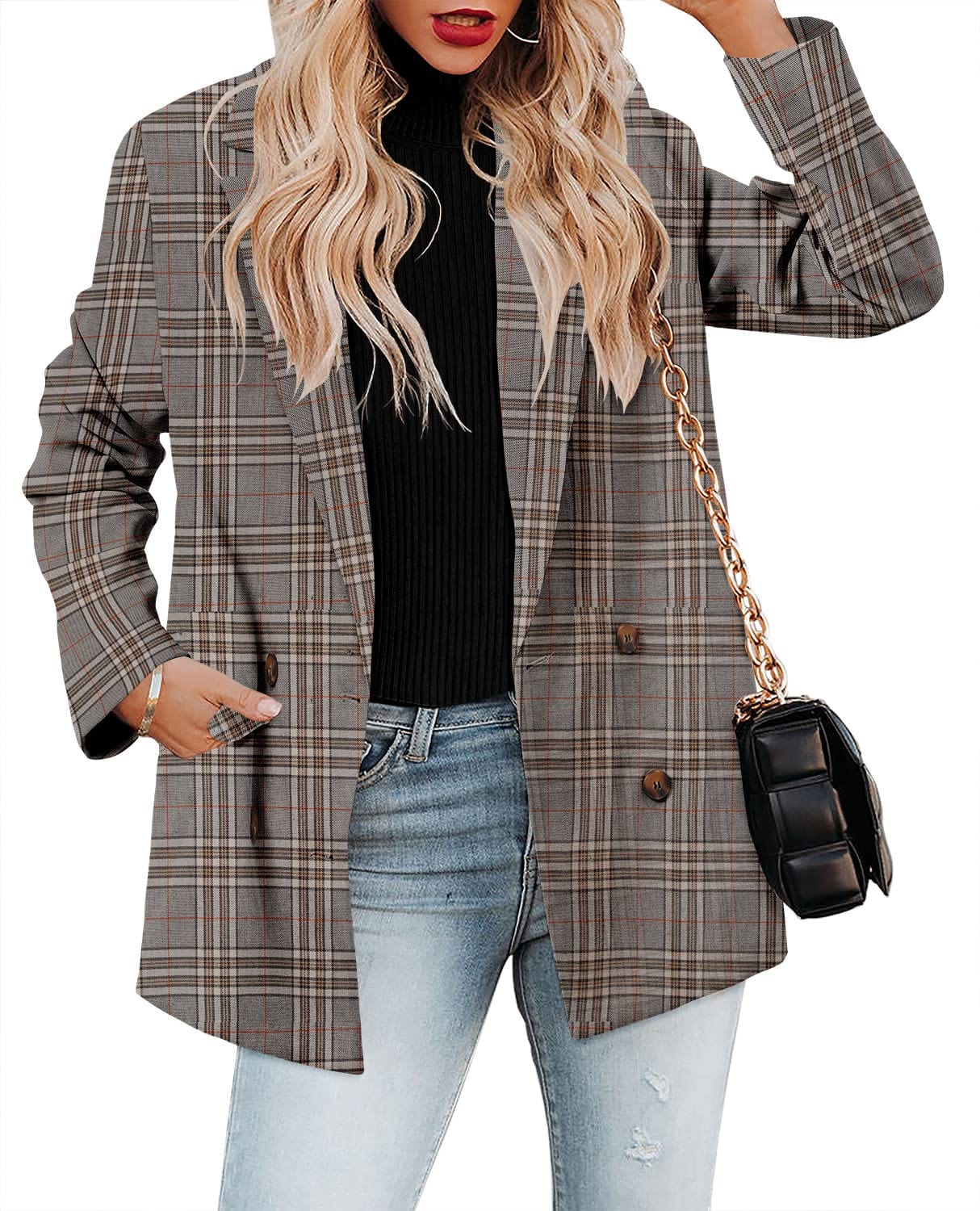 CRAZY GRID Womens Casual Blazer Jacket Long Sleeve Open Front Work Office Blazer Lapel Button Jacket