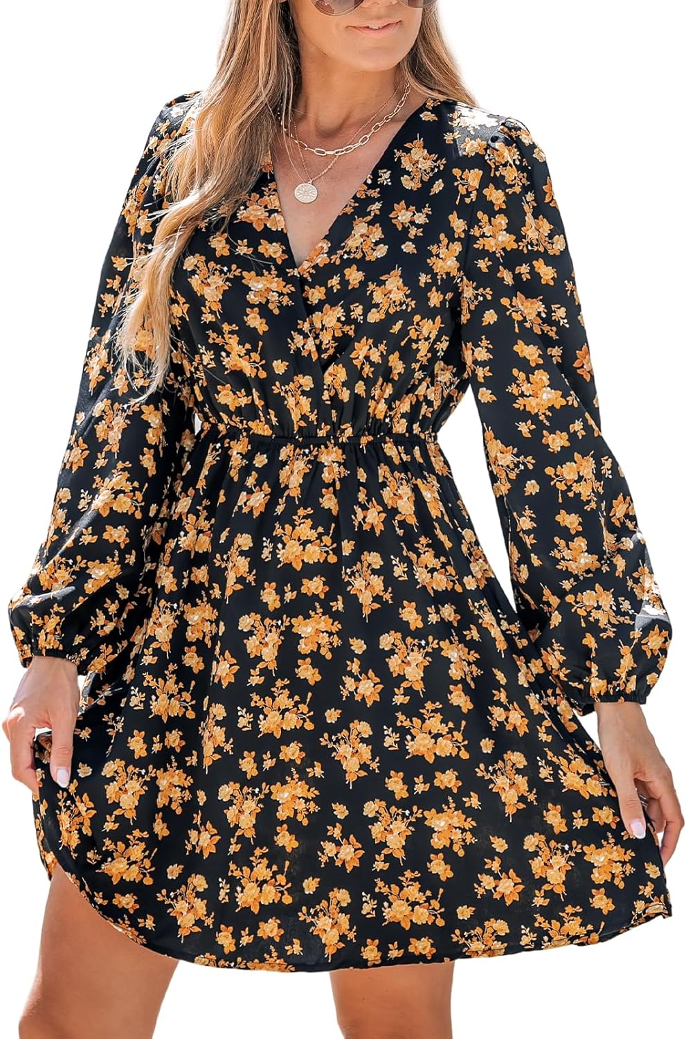 CUPSHE Womens V Neck Floral Mini Dress Long Sleeve A Line Surplice Xpress