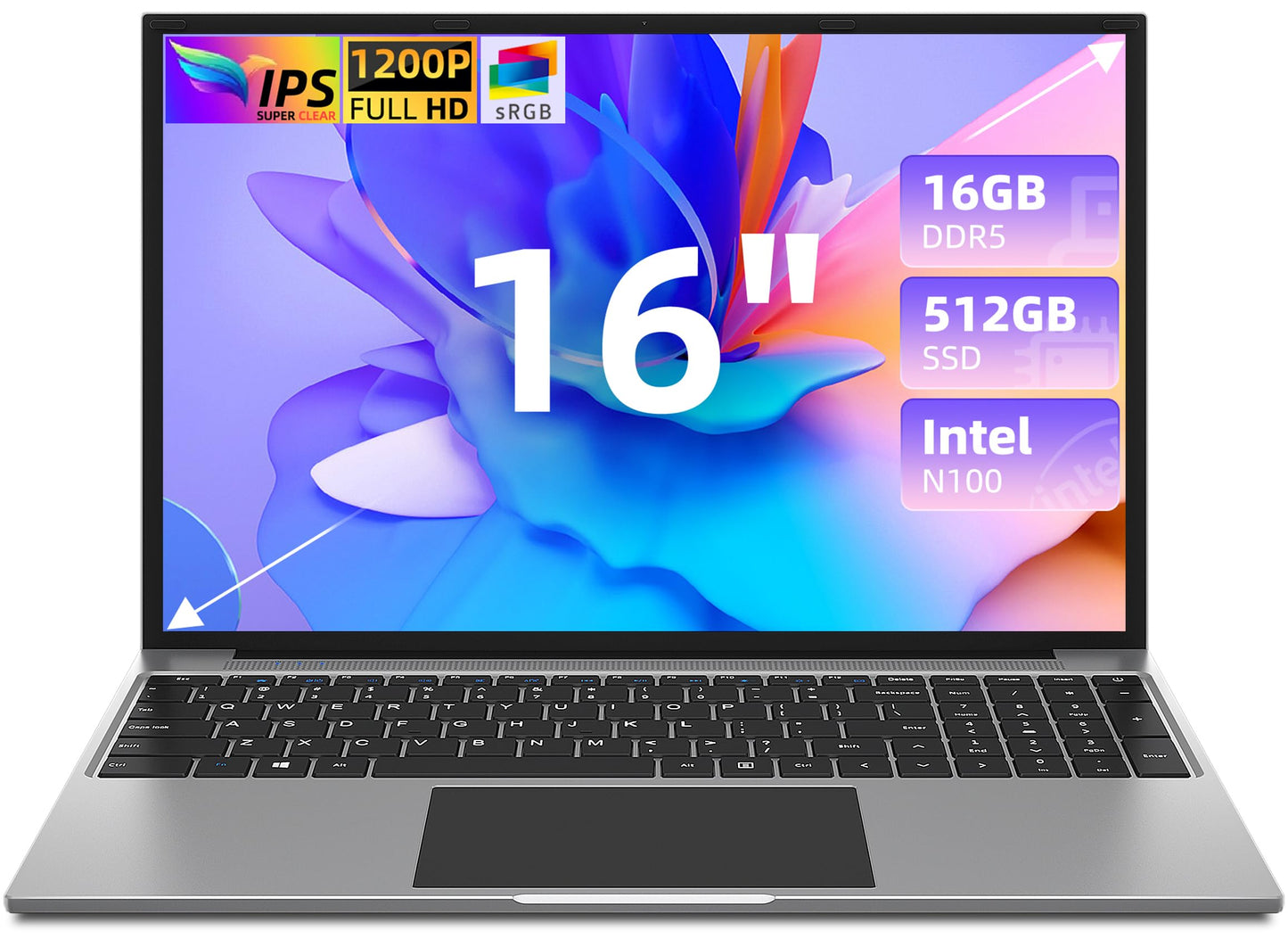 jumper Laptop, 16 Inch, Laptops Computer with 16GB DDR5 RAM 512GB SSD, Intel N100 CPU, FHD IPS 1920x1200 Display, 4 Stereo Speakers, Mini HDMi, Cooling System, Numeric Keypad, 2.4G+5G WiFi, BT4.0.