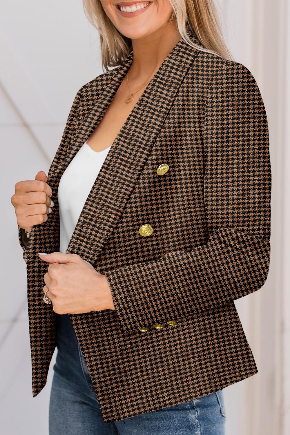 CRAZY GRID Veste blazer décontractée pour femme - Bouton doré - Manches longues - Bureau de travail - Revers ouvert sur le devant