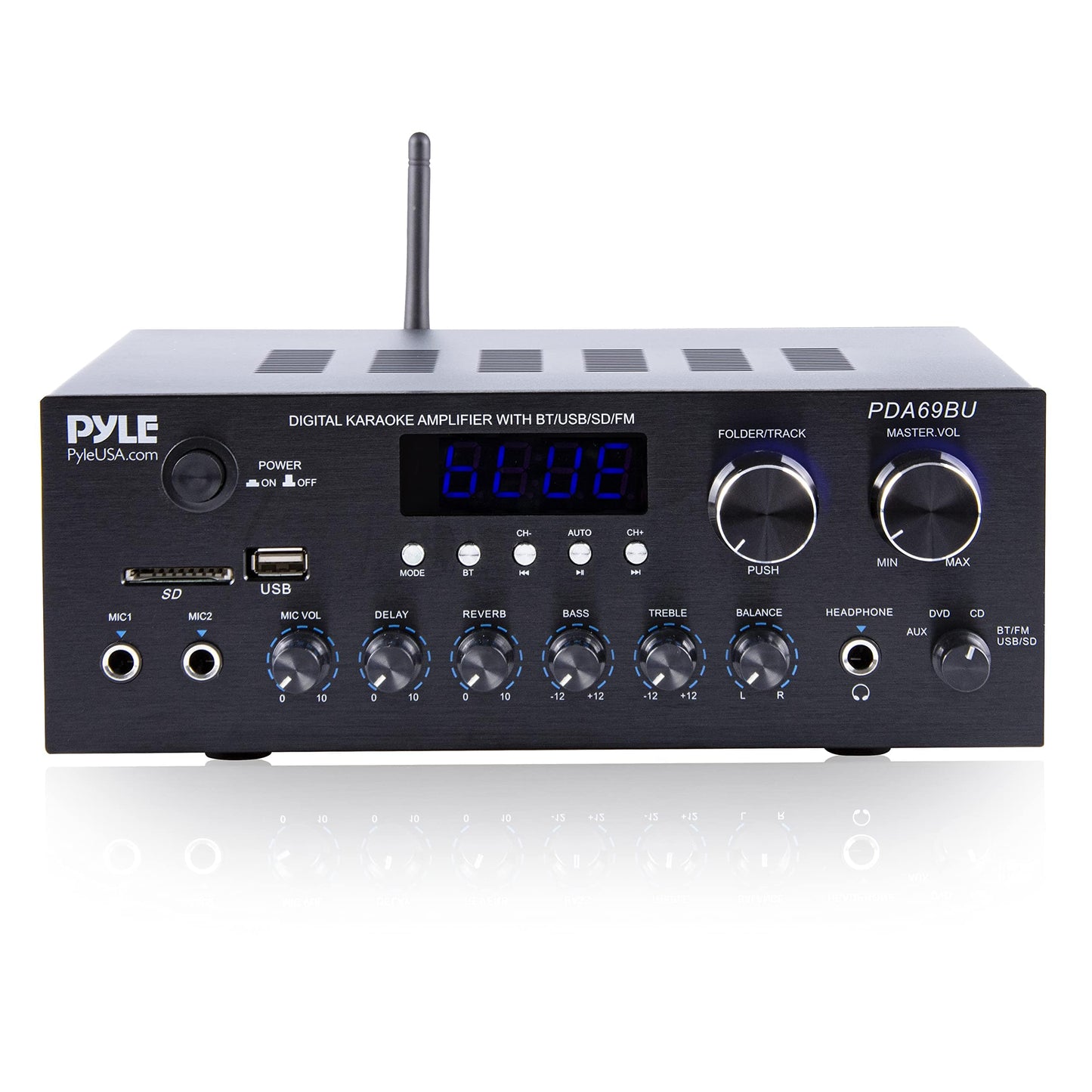 Pyle PDA69BU - Amplificador de audio para el hogar con Bluetooth, estéreo, 300 W, sistema de audio de sonido de doble canal con MP3, USB, SD, AUX, RCA, micrófono, auriculares, FM, LED, retardo de reverberación, para altavoces de cine en casa, estudio 