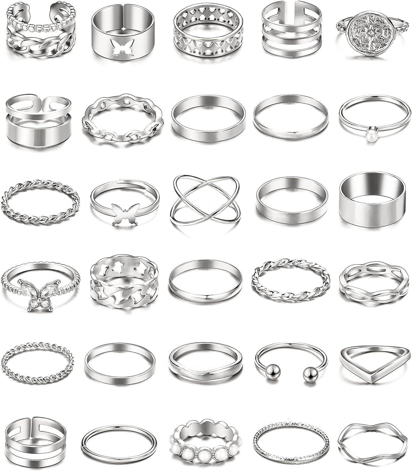 iF YOU 30 Pcs Gold Knuckle Rings Set for Women Girls, Boho Butterfly Snake Stackable Finger Rings, Silver Midi Rings Pack Xpress