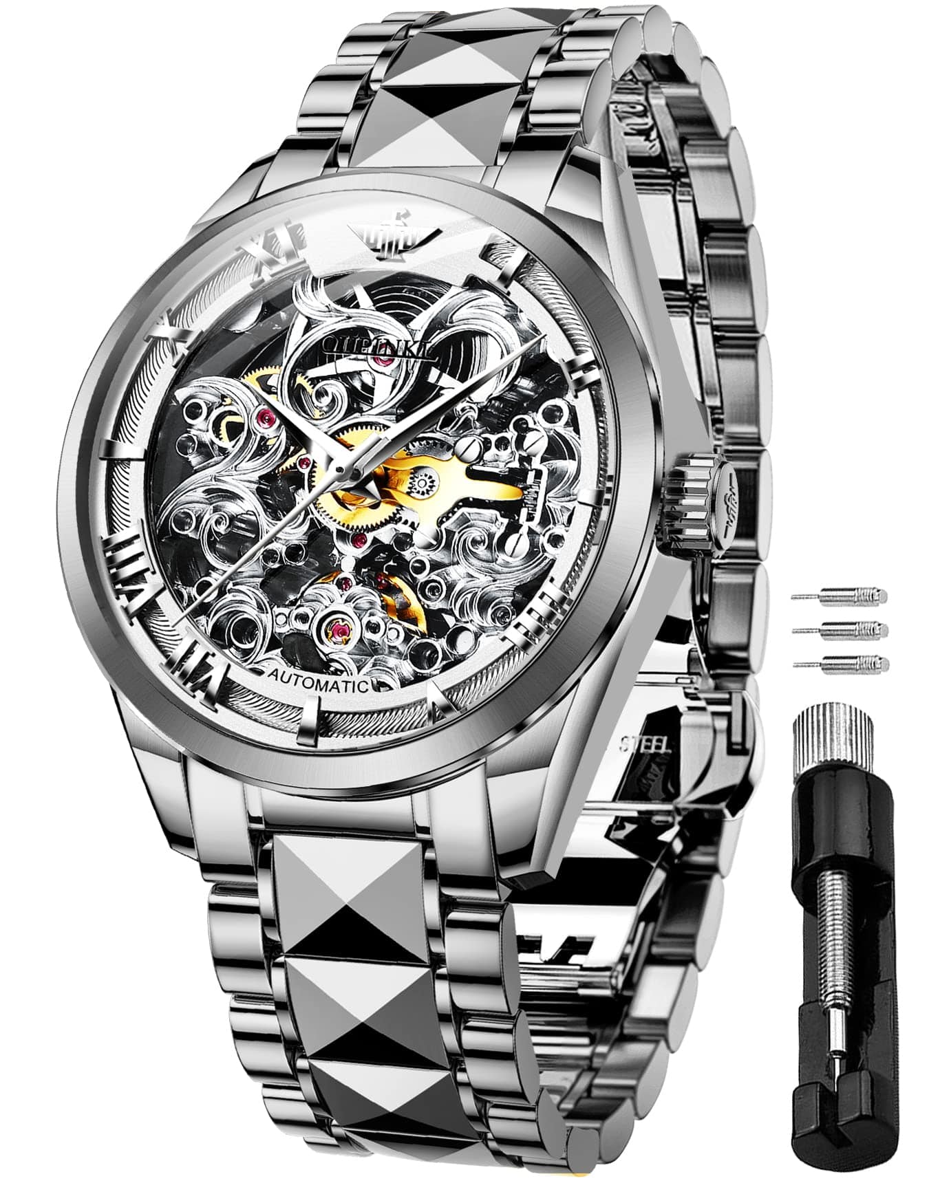 OUPINKE Men's Skeleton Mechanical Watches Luxury Dress Automatic Self Winding Sapphire Crystal Waterproof Tungsten Steel Band Wrist Watches