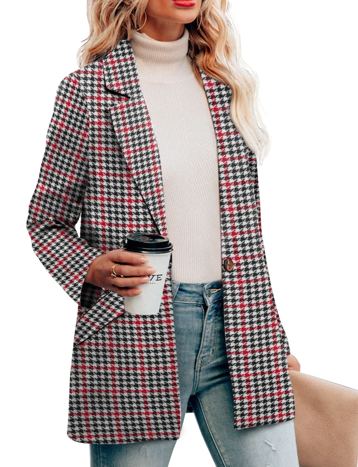 CRAZY GRID Chaqueta casual para mujer, de manga larga, con frente abierto, para trabajo, oficina, chaqueta con botones de solapa