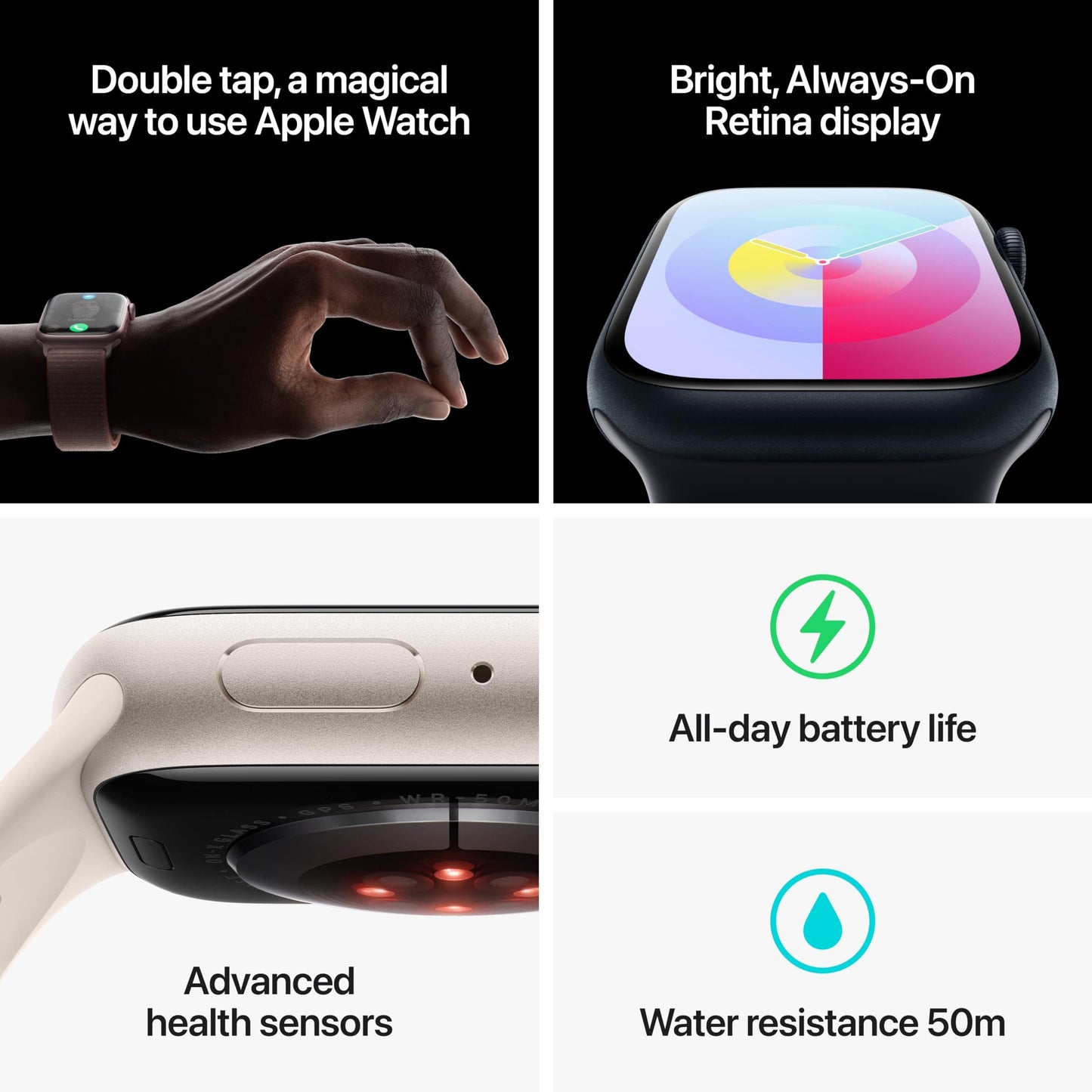 Montre intelligente Apple Watch Series 9 [GPS 45 mm] avec boîtier en aluminium Starlight et bracelet sport Starlight M/L. Tracker d'activité, applications ECG, écran Retina toujours actif, résistant à l'eau 